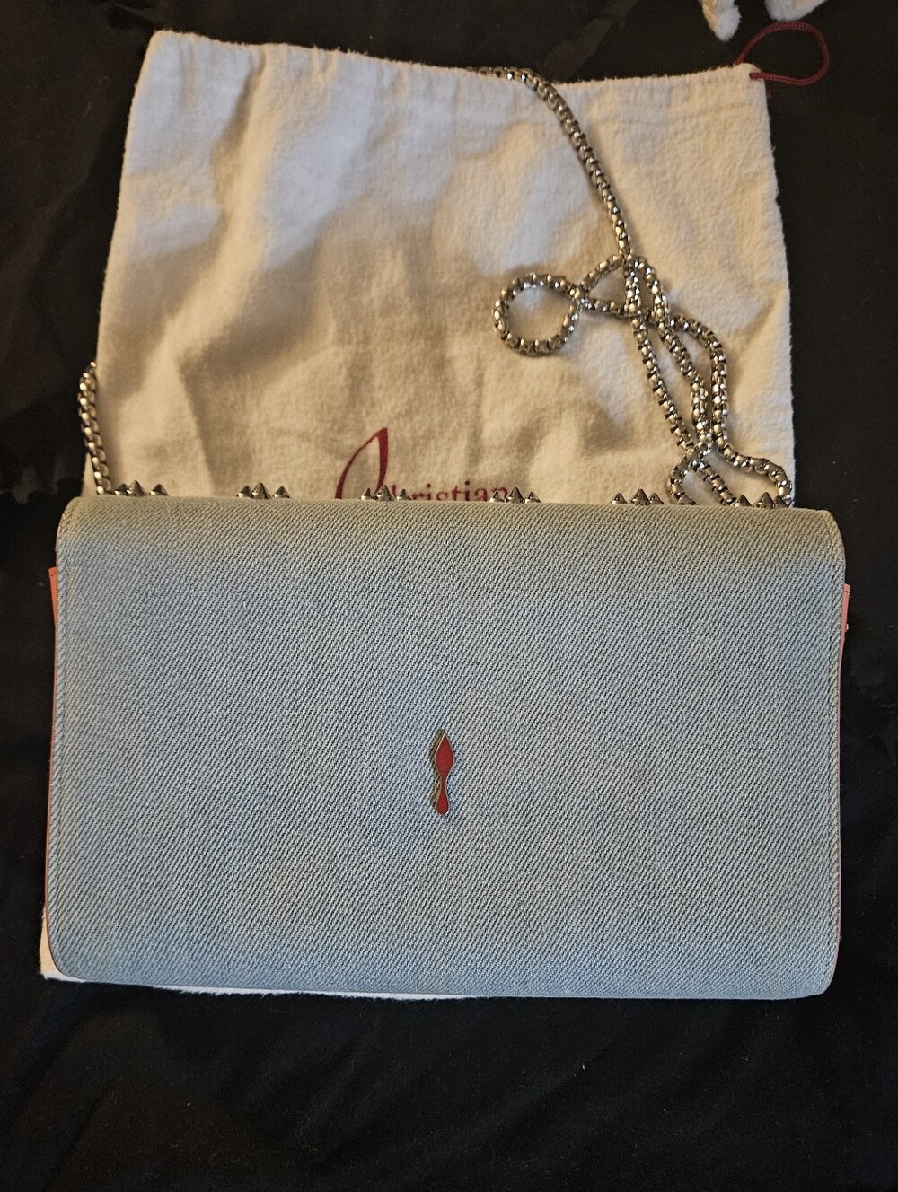 CHRISTIAN LOUBOUTIN Paloma The Sky Blue Denim Embellished Clutch Bag Crossbody - Picture 5 of 12